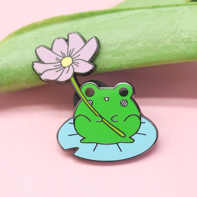 Kawaii Frog Lotus Leaf Hard Enamel Pin Cute Cartoon Flower Frog Brooch  Accessories Collection Badge Jewelry Gift